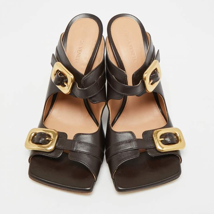Pre Owned Bottega Veneta Stretch Buckle Size 38 Dark Brown Leather Slide Sandals