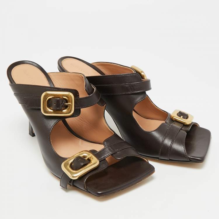 Pre Owned Bottega Veneta Stretch Buckle Size 38 Dark Brown Leather Slide Sandals