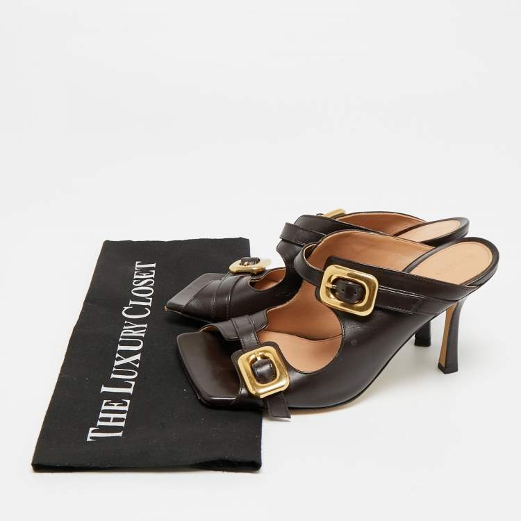 Pre Owned Bottega Veneta Stretch Buckle Size 38 Dark Brown Leather Slide Sandals