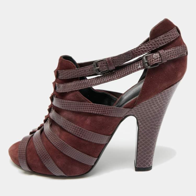 مملوكة مسبقًا Bottega Veneta Size 38 Burgundy Lizard Embossed Leather and Suede Strappy Sandals
