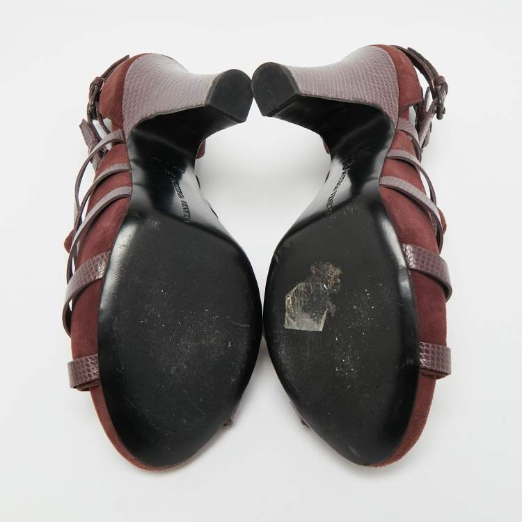 مملوكة مسبقًا Bottega Veneta Size 38 Burgundy Lizard Embossed Leather and Suede Strappy Sandals