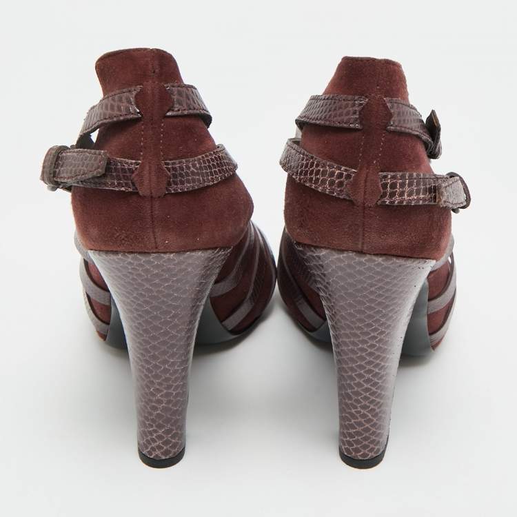 مملوكة مسبقًا Bottega Veneta Size 38 Burgundy Lizard Embossed Leather and Suede Strappy Sandals