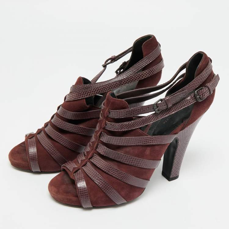 مملوكة مسبقًا Bottega Veneta Size 38 Burgundy Lizard Embossed Leather and Suede Strappy Sandals