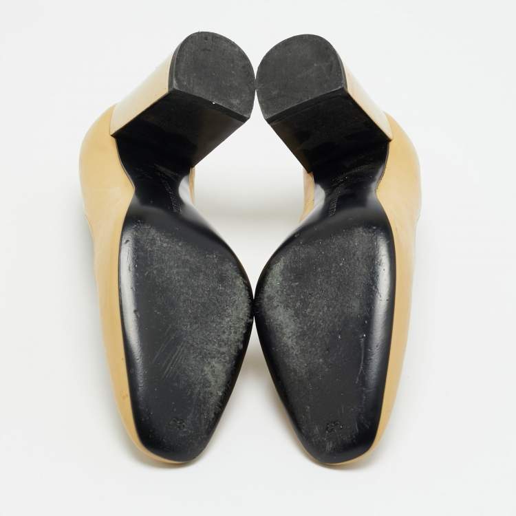 Pre Owned Bottega Veneta Size 35 Beige Patent Leather Intrecciato Detail Block Heel Pumps