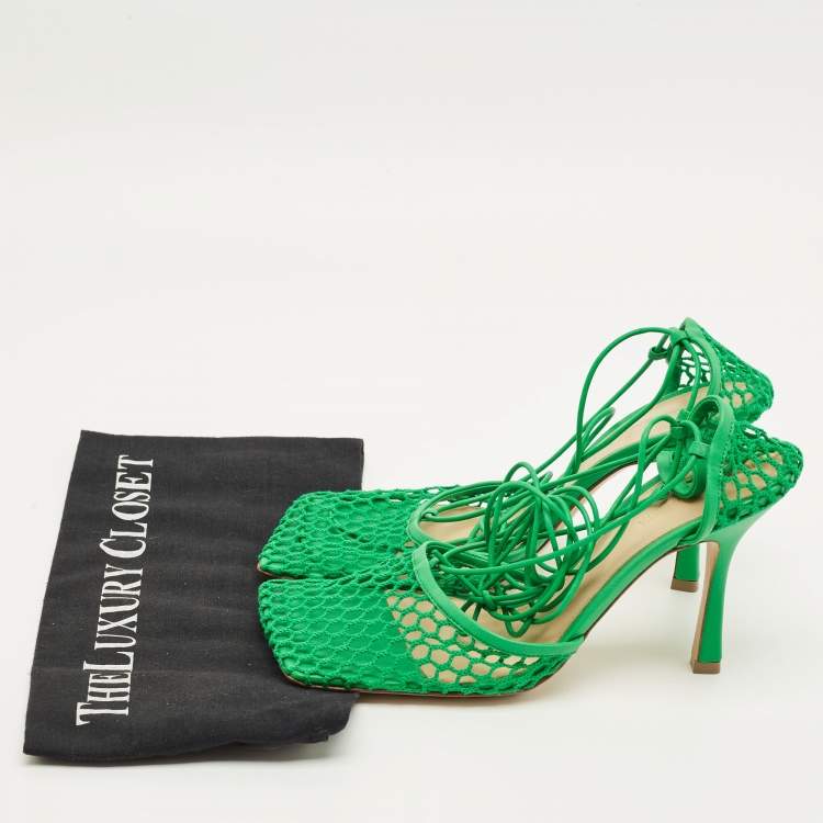 Pre Owned Bottega Veneta Stretch Size 40 Green Crochet and Leather Ankle Tie Pumps