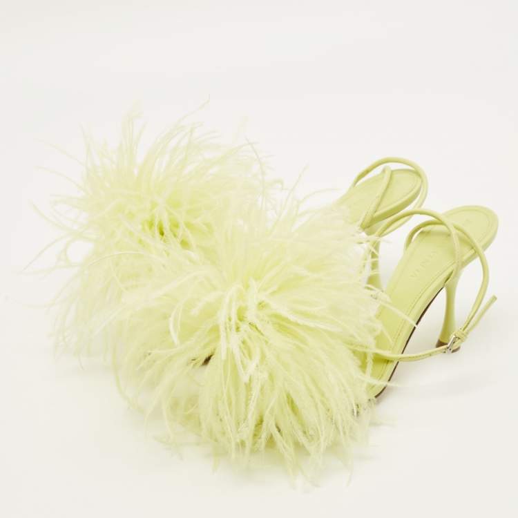 Pre Owned Bottega Veneta Dot Size 35.5 Green Feather and Leather Ankle Strap Sandals