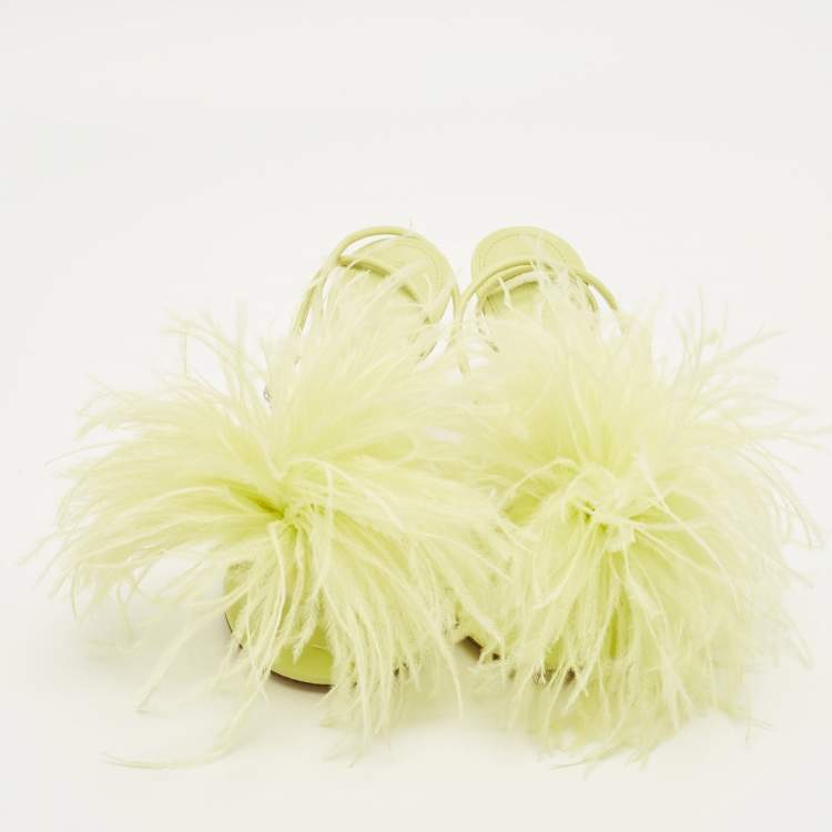 Pre Owned Bottega Veneta Dot Size 35.5 Green Feather and Leather Ankle Strap Sandals