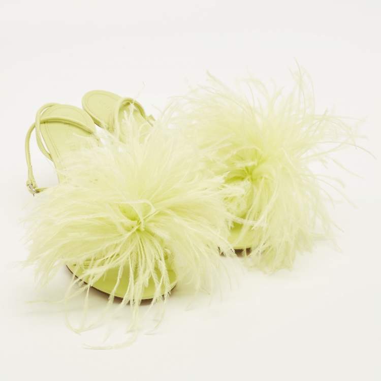 Pre Owned Bottega Veneta Dot Size 35.5 Green Feather and Leather Ankle Strap Sandals