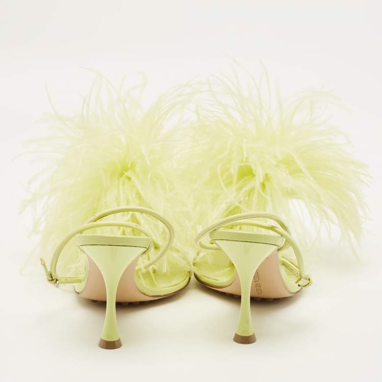Pre Owned Bottega Veneta Dot Size 35.5 Green Feather and Leather Ankle Strap Sandals