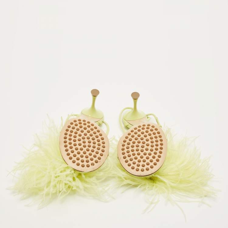 Pre Owned Bottega Veneta Dot Size 35.5 Green Feather and Leather Ankle Strap Sandals