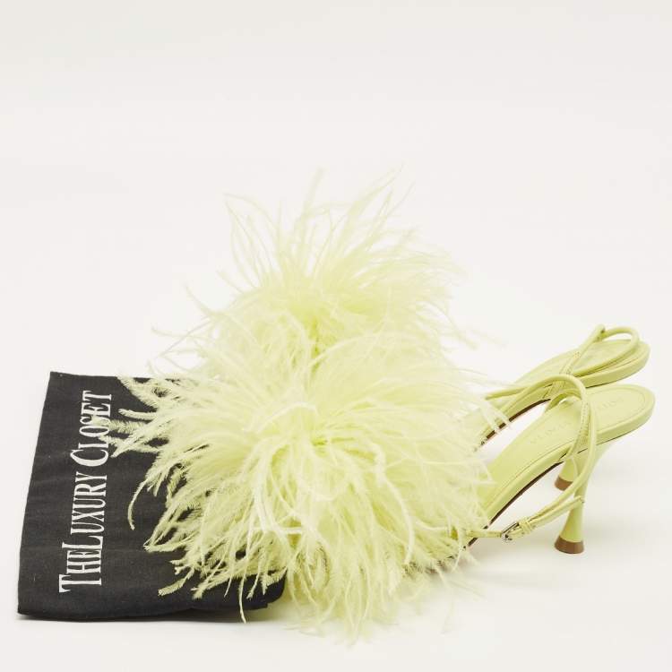 Pre Owned Bottega Veneta Dot Size 35.5 Green Feather and Leather Ankle Strap Sandals