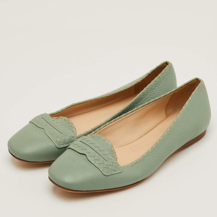 Pre Owned Bottega Veneta Size 38 Green Leather Ballet Flats