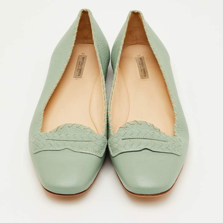 Pre Owned Bottega Veneta Size 38 Green Leather Ballet Flats