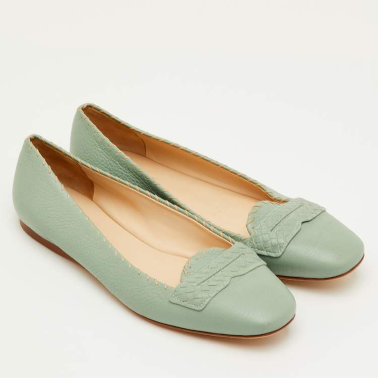 Pre Owned Bottega Veneta Size 38 Green Leather Ballet Flats