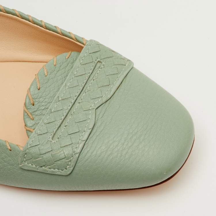 Pre Owned Bottega Veneta Size 38 Green Leather Ballet Flats