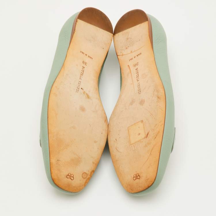 Pre Owned Bottega Veneta Size 38 Green Leather Ballet Flats