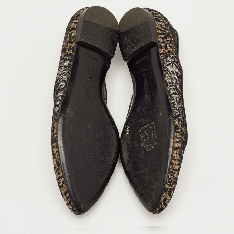 Pre Owned Bottega Veneta Size 38 Black Lace and Patent Leather D'orsay Ballet Flats