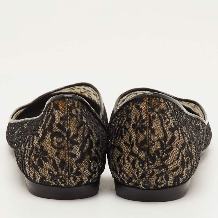 Pre Owned Bottega Veneta Size 38 Black Lace and Patent Leather D'orsay Ballet Flats