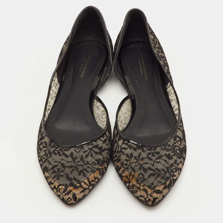 Pre Owned Bottega Veneta Size 38 Black Lace and Patent Leather D'orsay Ballet Flats