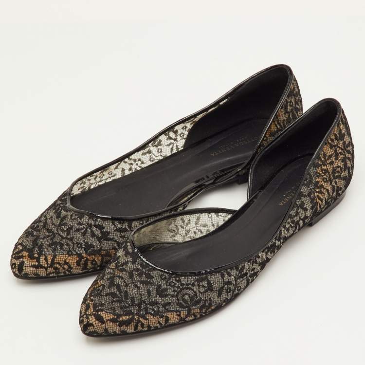 Pre Owned Bottega Veneta Size 38 Black Lace and Patent Leather D'orsay Ballet Flats