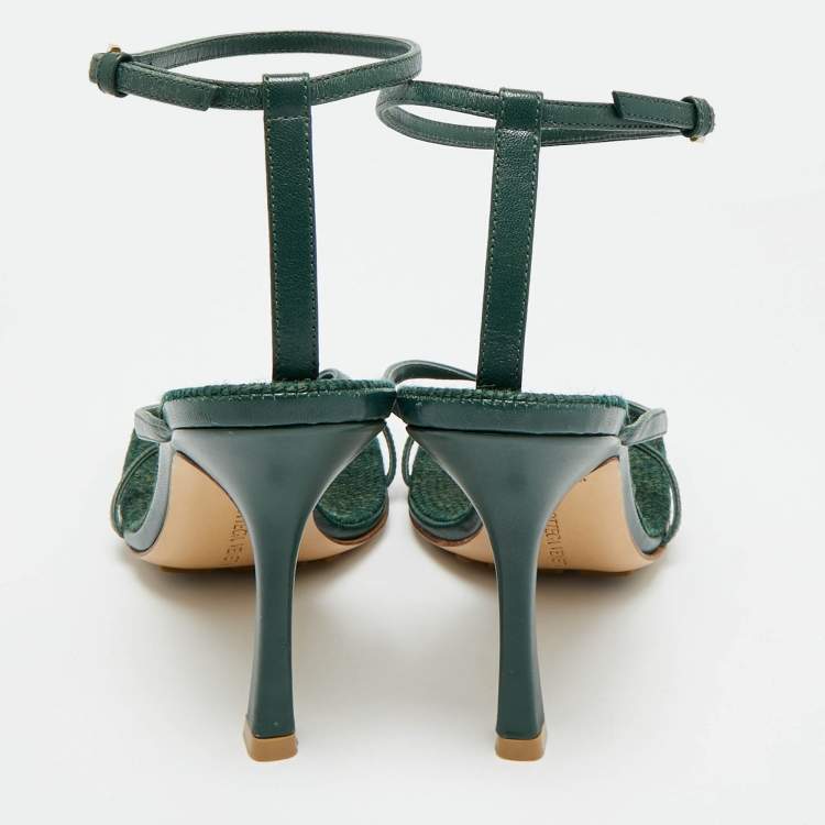 Pre Owned Bottega Veneta Stretch Size 37 Green Leather Ankle Strap Sandals