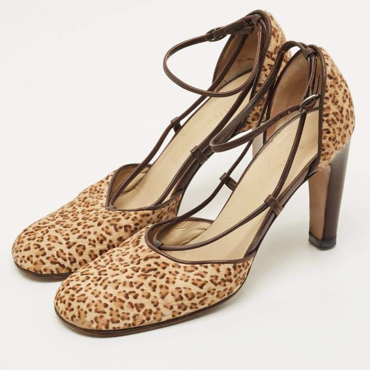 Pre Owned Bottega Veneta Size 38.5 Beige/Brown Leopard Print Calf Hair Ankle Strap D'orsay Pumps