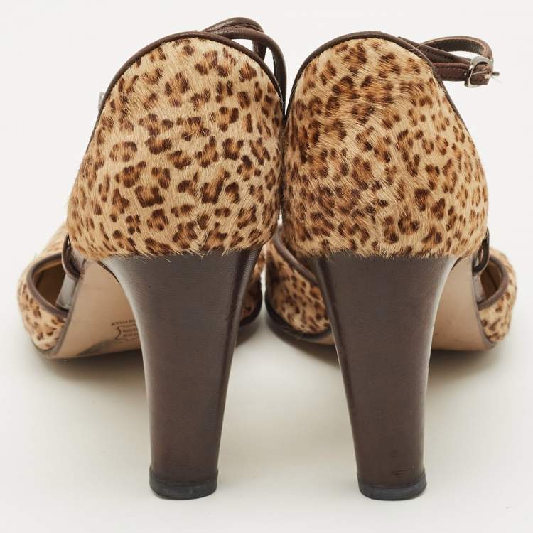 Pre Owned Bottega Veneta Size 38.5 Beige/Brown Leopard Print Calf Hair Ankle Strap D'orsay Pumps