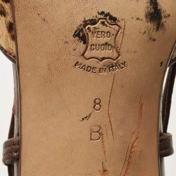 Pre Owned Bottega Veneta Size 38.5 Beige/Brown Leopard Print Calf Hair Ankle Strap D'orsay Pumps