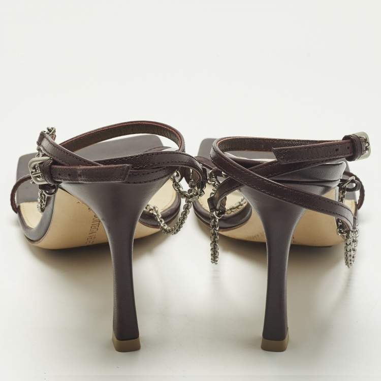 Pre Owned Bottega Veneta Stretch Size 38.5 Burgundy Leather Ankle Strap Sandals