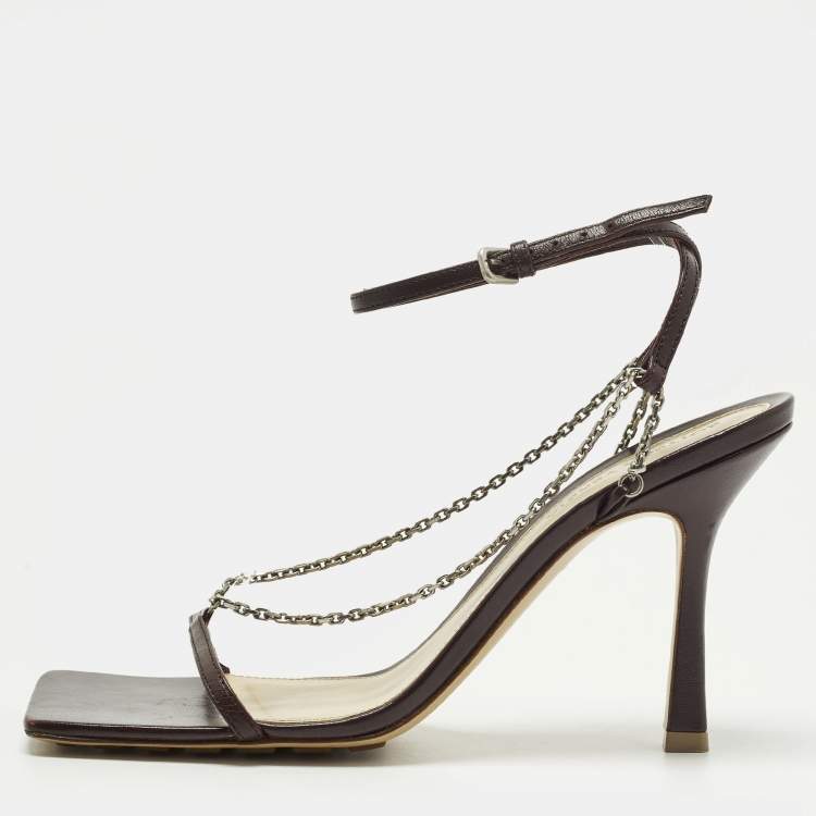 Pre Owned Bottega Veneta Stretch Size 38.5 Burgundy Leather Ankle Strap Sandals