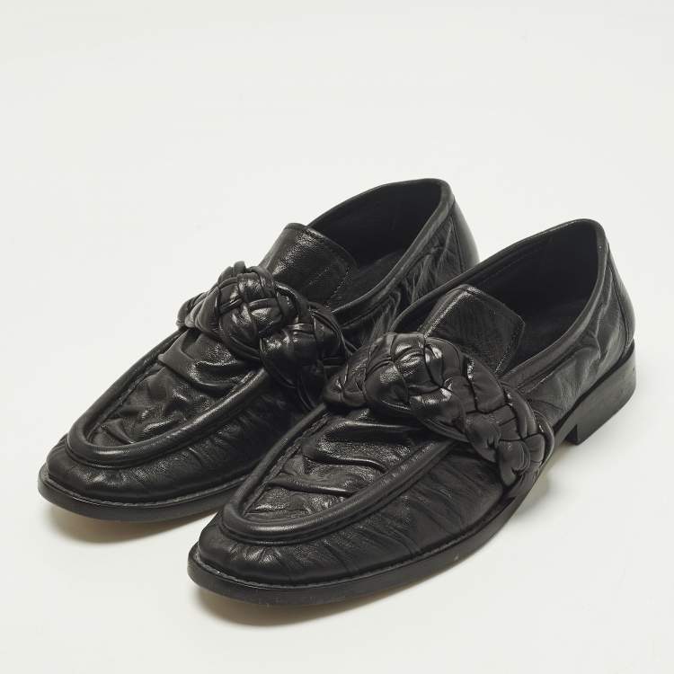 Pre Owned Bottega Veneta Astair Size 39 Black Leather Braided Loafers
