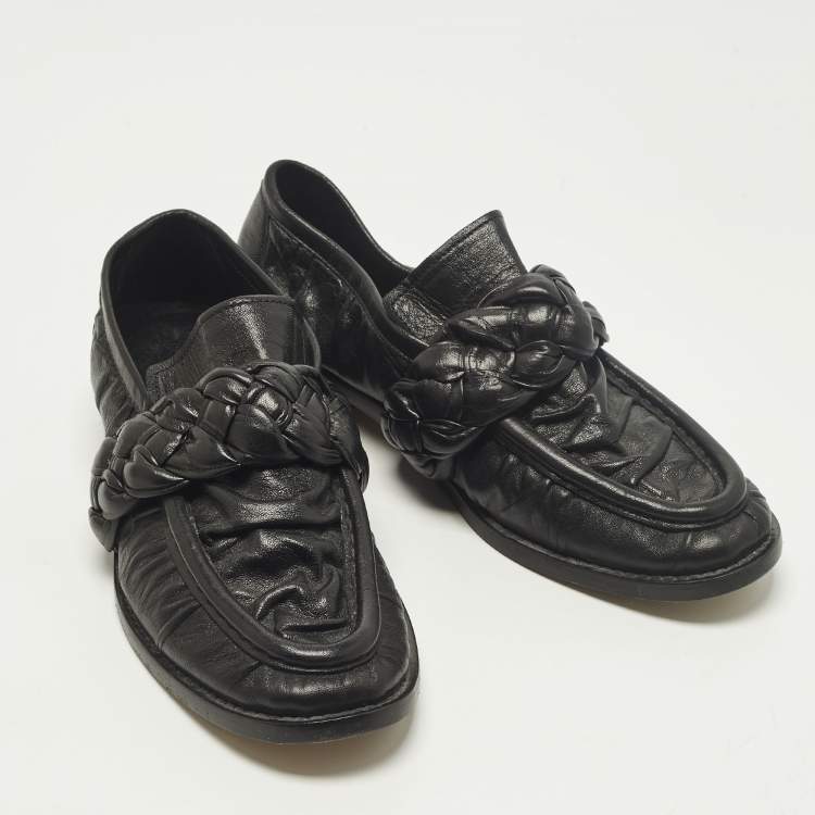Pre Owned Bottega Veneta Astair Size 39 Black Leather Braided Loafers