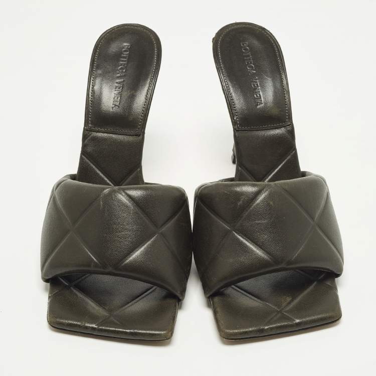 Pre Owned Bottega Veneta Lido Size 40.5 Dark Green Quilted Leather Slide Sandals