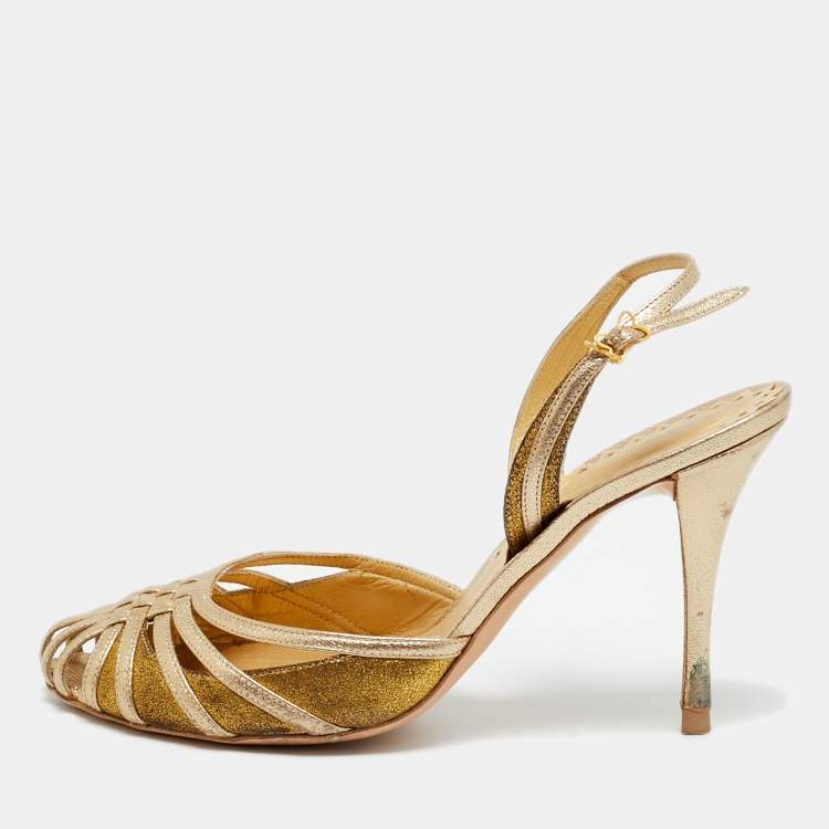 Pre Owned Bottega Veneta Size 38 Metallic Leather and Suede Ankle Strap Pumps