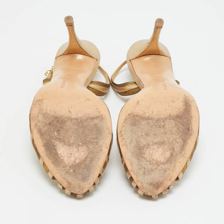 Pre Owned Bottega Veneta Size 38 Metallic Leather and Suede Ankle Strap Pumps