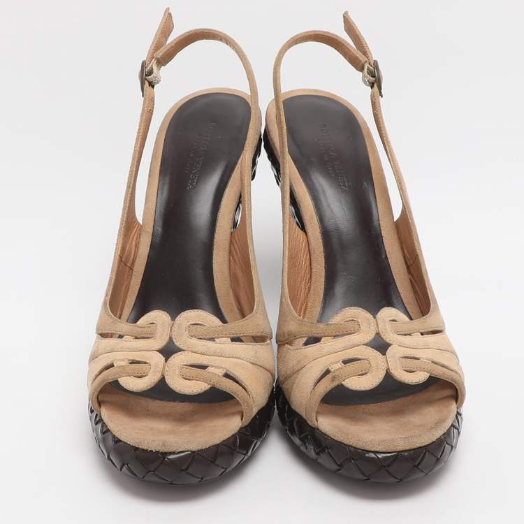 Pre Owned Bottega Veneta Wave Size 37 Beige Suede Intrecciato Wedge Sandals