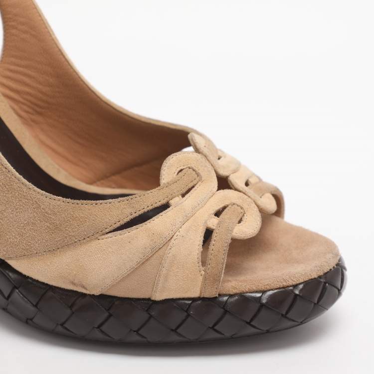 Pre Owned Bottega Veneta Wave Size 37 Beige Suede Intrecciato Wedge Sandals
