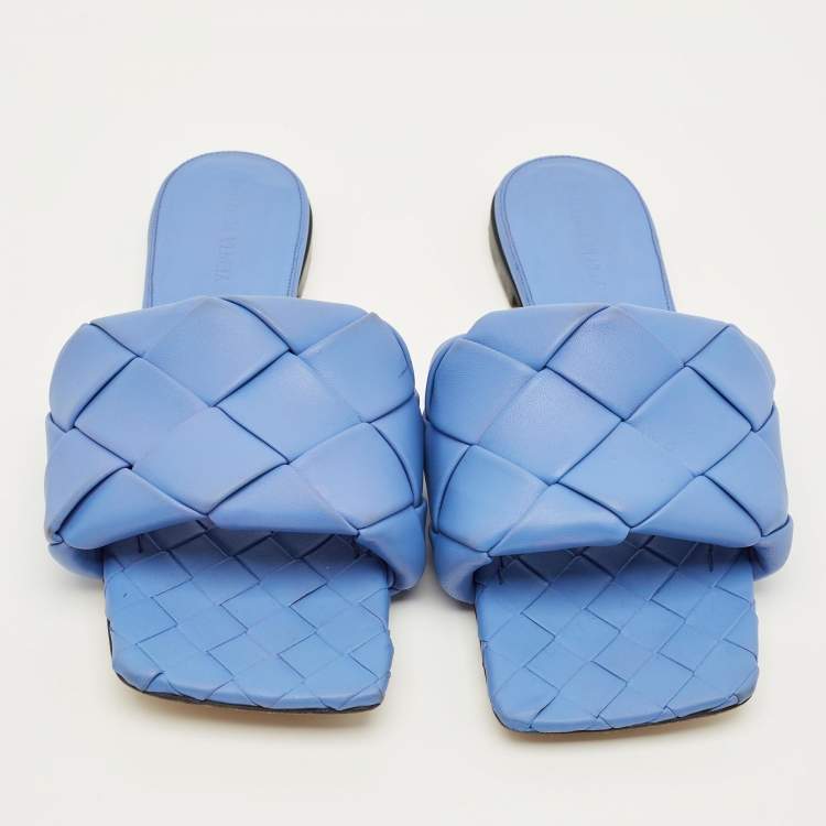 Pre Owned Bottega Veneta Lido Size 39 Blue Intrecciato Leather Flat Slide