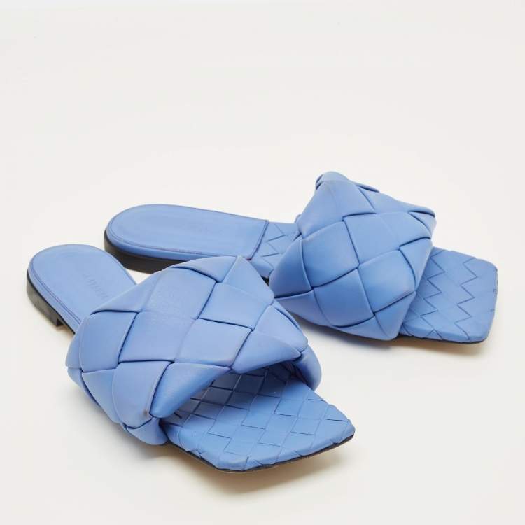 Pre Owned Bottega Veneta Lido Size 39 Blue Intrecciato Leather Flat Slide