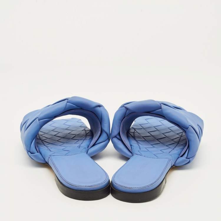Pre Owned Bottega Veneta Lido Size 39 Blue Intrecciato Leather Flat Slide