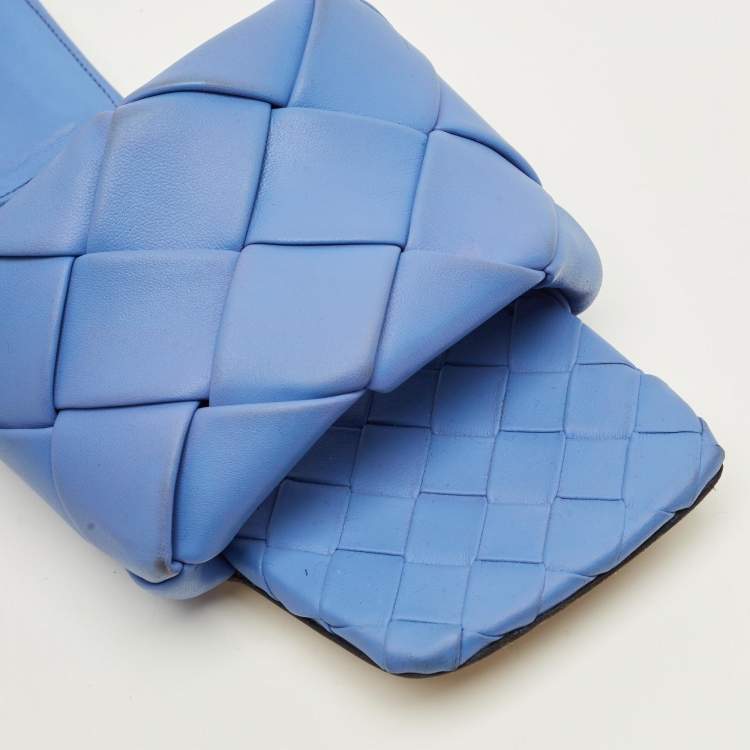 Pre Owned Bottega Veneta Lido Size 39 Blue Intrecciato Leather Flat Slide