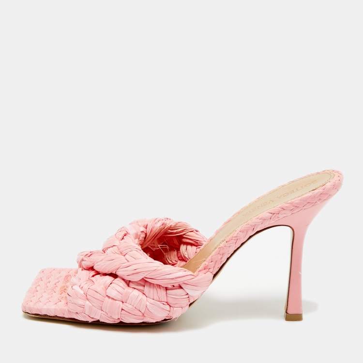Pre Owned Bottega Veneta Stretch Size 39 Pink Raffia Slide Sandals