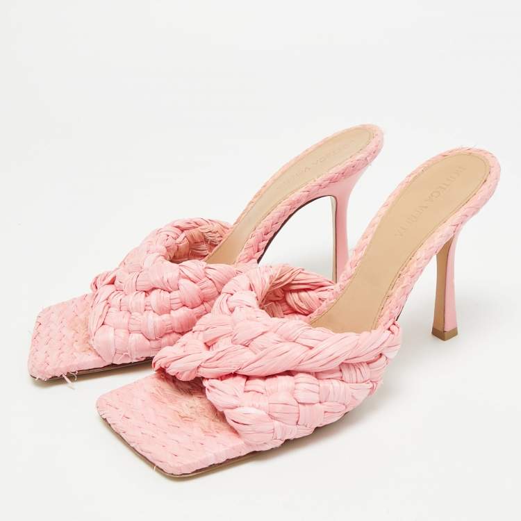 Pre Owned Bottega Veneta Stretch Size 39 Pink Raffia Slide Sandals