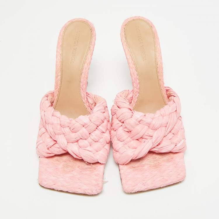 Pre Owned Bottega Veneta Stretch Size 39 Pink Raffia Slide Sandals