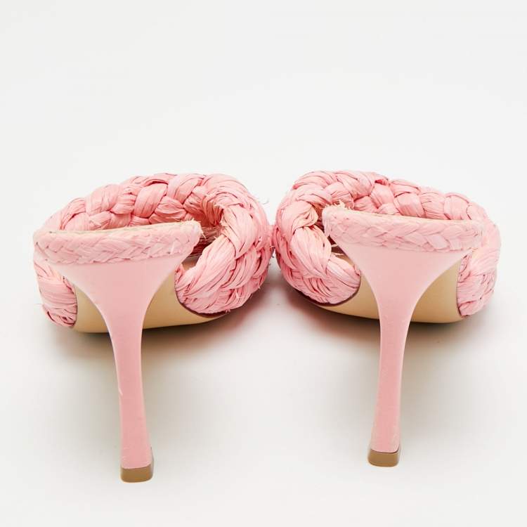 Pre Owned Bottega Veneta Stretch Size 39 Pink Raffia Slide Sandals
