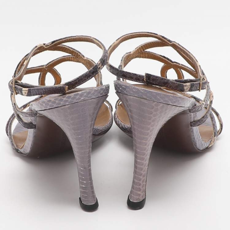 Pre Owned Bottega Veneta Size 37.5 Purple Snakeskin Leather Slingback Sandals