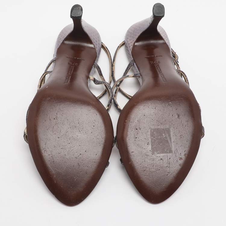 Pre Owned Bottega Veneta Size 37.5 Purple Snakeskin Leather Slingback Sandals