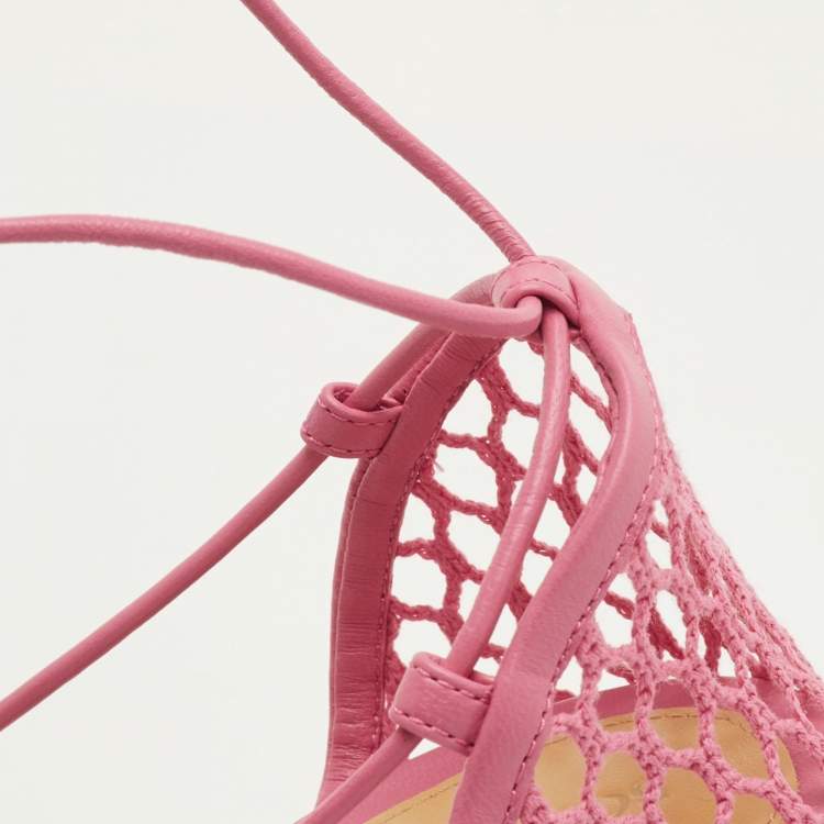 Pre Owned Bottega Veneta Stretch Size 38 Pink Mesh and Leather Ankle Wrap Sandals