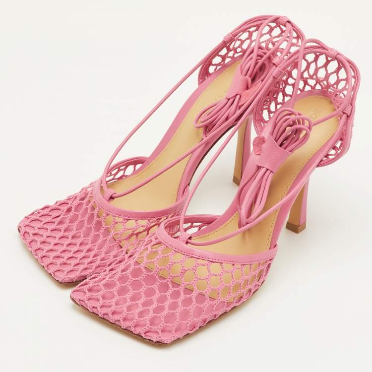Pre Owned Bottega Veneta Stretch Size 38 Pink Mesh and Leather Ankle Wrap Sandals