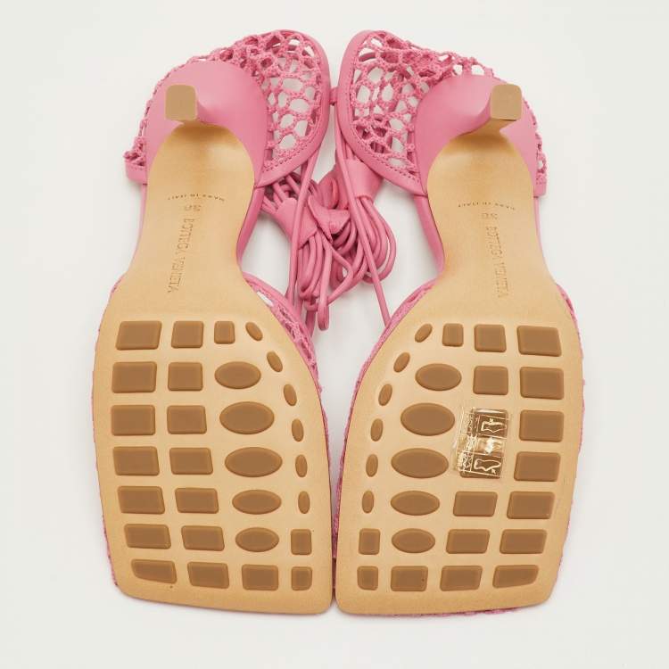 Pre Owned Bottega Veneta Stretch Size 38 Pink Mesh and Leather Ankle Wrap Sandals